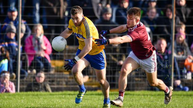 Cathal Cregg, Roscommon, and Eoghan Kerin, Galway, during the Connacht FBD League Final at Tuam Stadium.