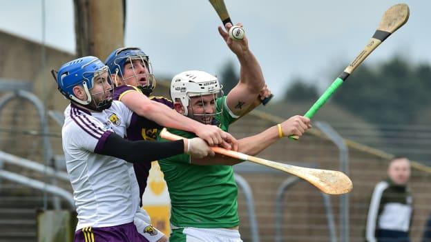 Aaron Gillane of Limerick in action against Shaun Murphy and Mark Fanning, left, of Wexford during the Allianz Hurling League Division 1A Round 1 match between Wexford and Limerick at Innovate Wexford Park in Wexford. 
