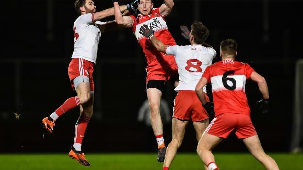 Ronan McNamee of Tyrone in action against Emmet Bradley of Derry during the Bank of Ireland Dr. McKenna Cup Round 1 match between Derry and Tyrone at Celtic Park, Derry. 