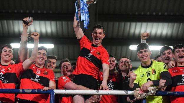 UCC captain Cian Kiely lifts the cup after the Electric Ireland HE GAA Sigerson Cup Final match between St Mary's University College Belfast and University College Cork at O'Moore Park in Portlaoise, Laois.