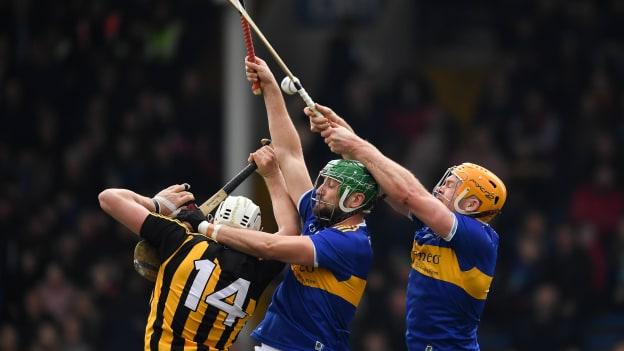 Liam Blanchfield of Kilkenny in action against James Barry and Padraic Maher, right, of Tipperary during the Allianz Hurling League Division 1A Round 4 match between Tipperary and Kilkenny at Semple Stadium in Thurles, Co Tipperary. 