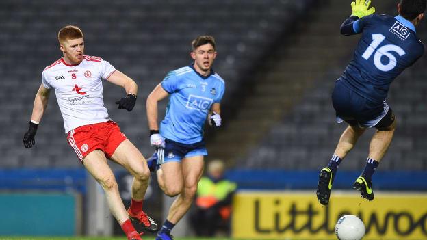 Cathal McShane of Tyrone scores his side's first goal during the Allianz Football League Division 1 Round 6 match between Dublin and Tyrone at Croke Park in Dublin. 