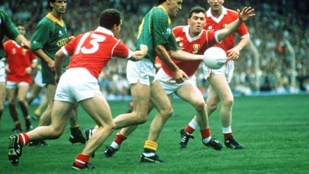 Gerry McEntee, an Uncle of Shane McEntee, in action for Meath against Cork in the 1990 All-Ireland SFC Final.  
