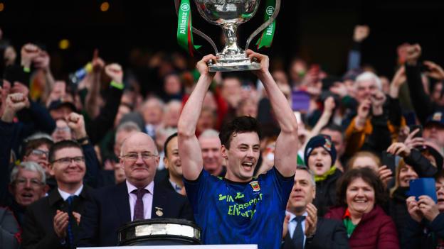 Diarmuid O'Connor of Mayo lifts the cup following victory over Kerry in the Allianz Football League Division 1 Final.