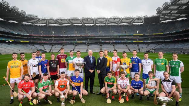 Uachtaráin Cumann Lúthchleas Gael John Horan and Paul Flynn, GPA CEO, centre, in attendance with hurlers from the participating counties at the official launch of Joe McDonagh, Christy Ring, Nicky Rackard and Lory Meagher Competitions at Croke Park in Dublin.