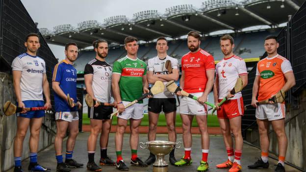 Nicky Rackard Cup hurlers, from left, Fergal Rafter of Monaghan, Paddy Corcoran of Longford, Gary Cadden of Sligo, Cathal Freeman of Mayo, Robert Curley of Warwickshire, Gerard Smyth of Louth, Dermot Begley of Tyrone and Stephen Renaghan of Armagh.