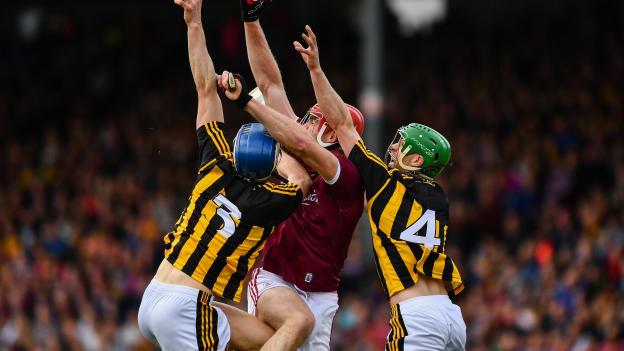 Huw Lawlor and Tommy Walsh, Kilkenny, and Jonathan Glynn, Galway collide during the Leinster SHC encounter at Nowlan Park.