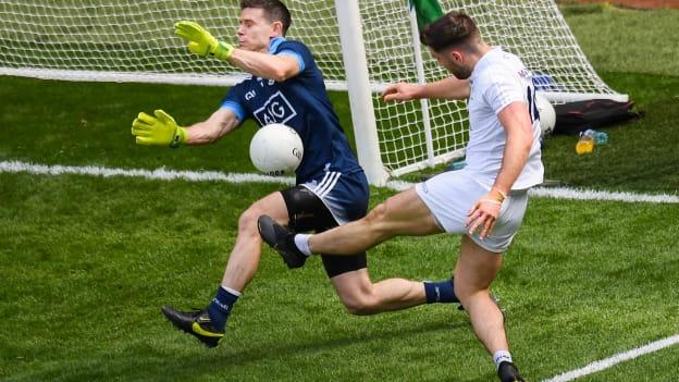 Stephen Cluxton of Dublin saves from Ben McCormack of Kildare during the Leinster GAA Football Senior Championship semi-final match between Dublin and Kildare at Croke Park in Dublin. 