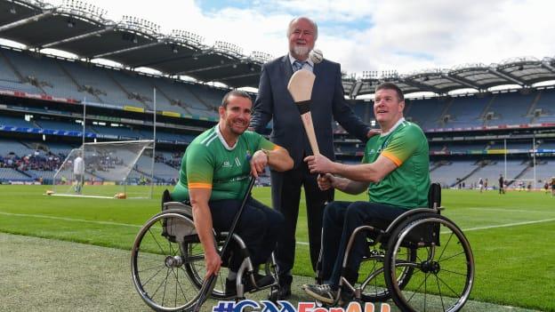 Martin Donelly, Sponsor, centre, with GAA International Wheelchair representative team captain Pat Carty, right, and vice-captain James McCarthy in attendance at the announcement of the first ever GAA International Wheelchair representative team at Croke Park in Dublin. 