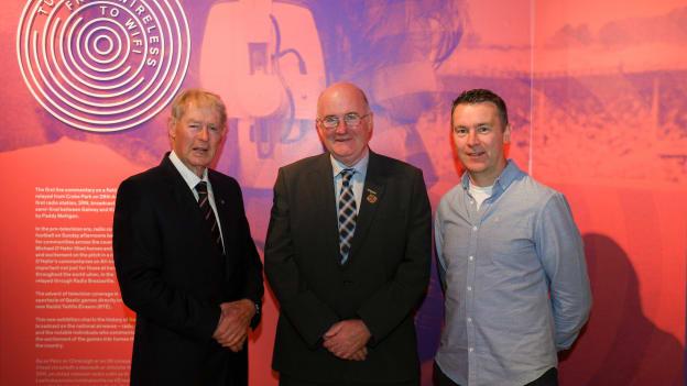 Uachtarán Chumann Lúthcleas Gael John Horan, centre, with former RTÉ gaelic games commentator Michéal O Muircheartaigh and Oisin McConville, former Armagh player and RTÉ gaelic games panalist at the opening of the new exhibition in the GAA Museum 'Tuning In – From Wireless to WiFi' at Croke Park in Dublin.