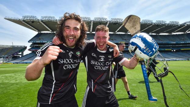 Gary Cadden, left, and James Weir of Sligo celebrate following the 2018 Lory Meagher Cup at Croke Park.