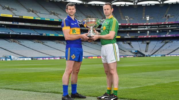 Lory Meagher Cup finalists Edmond Kenny of Lancashire, left, and Declan Molloy of Leitrim at Croke Park.