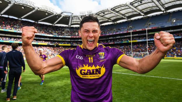 Lee Chin of Wexford celebrates after winning the Leinster GAA Hurling Senior Championship Final between Kilkenny and Wexford at Croke Park this afternoon.