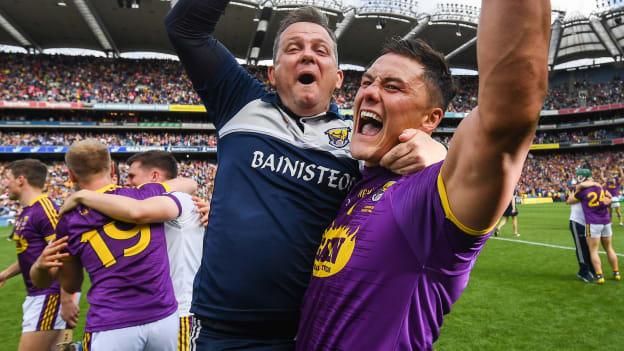 Wexford manager Davy Fitzgerald celebrates with Lee Chin following the Leinster GAA Hurling Senior Championship Final at Croke Park.