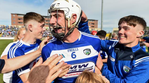 Laois' Ryan Mullaney celebrates at O'Moore Park following a dramatic win over Dublin.