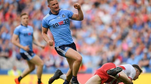 Ciarán Kilkenny of Dublin celebrates after scoring his side's fourth goal of the game during the GAA Football All-Ireland Senior Championship Quarter-Final Group 2 Phase 1 match between Dublin and Cork at Croke Park in Dublin. 