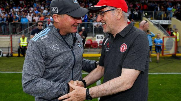 Dublin manager Jim Gavin, left, and Tyrone manager Mickey Harte shake hands after the All-Ireland Senior Football Championship Quarter-Final Group 2 Phase 3 match at Healy Park in Omagh.