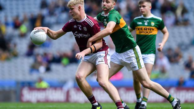 James McLaughlin of Galway is tackled by Ronan Collins of Kerry during the Electric Ireland GAA All-Ireland Minor Football Championship Semi-Final at Croke Park.