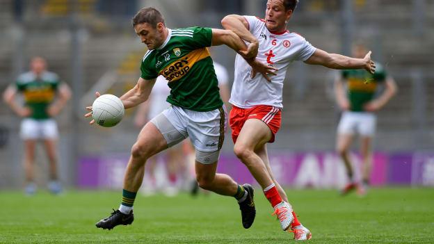 Stephen O'Brien of Kerry in action against Kieran McGeary of Tyrone during the All-Ireland Senior Football Championship Semi-Final at Croke Park.