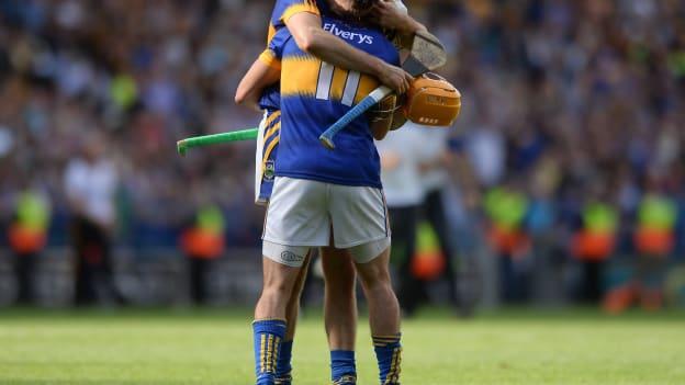 Séamus Callanan of Tipperary embraces teammate Patrick Maher of Tipperary after the 2016 GAA Hurling All-Ireland Senior Championship Final match between Kilkenny and Tipperary at Croke Park in Dublin. 