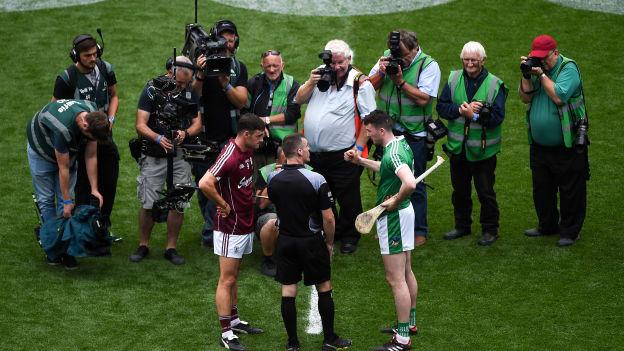 Galway captain David Burke and Limerick captain Declan Hannon with referee James Owens ahead of the GAA Hurling All-Ireland Senior Championship Final match between Galway and Limerick at Croke Park in Dublin.