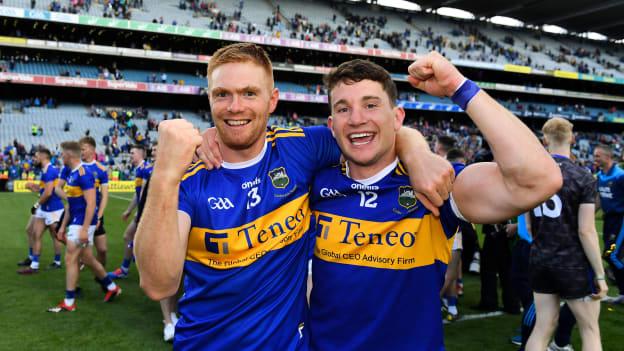 Niall O’Meara, right,and Jason Forde, left, celebrate following Tipperary's victory over Kilkenny in the All-Ireland Senior Hurling Championship Final at Croke Park on Sunday.