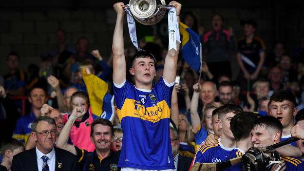 Tipperary captain Craig Morgan lifts the James Nowlan Cup following the Bord Gáis Energy GAA Hurling All-Ireland U20 Championship Final match between Cork and Tipperary at LIT Gaelic Grounds in Limerick. 