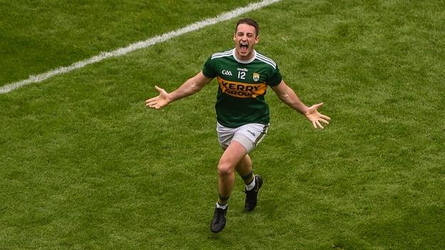 Stephen O'Brien celebrates after scoring a crucial goal for Kerry against Tyrone in the 2019 All-Ireland SFC semi-final. 