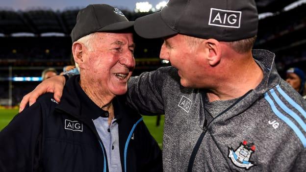 Jim Gavin embraces his father, Jimmy, after the 2019 All Ireland SFC Final replay at Croke Park.