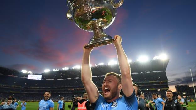 Jack McCaffrey celebrates with the Sam Maguire Cup after Dublin's All-Ireland SFC Final replay victory over Kerry. 