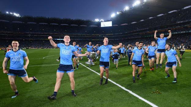 Dublin players celebrate in front of Hill 16 after victory over Kerry in the All-Ireland SFC Final replay. 