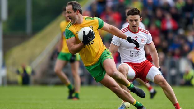 Michael Murphy of Donegal in action against Pádraig Hampsey of Tyrone during the Ulster GAA Football Senior Championship semi-final match between Donegal and Tyrone at Kingspan Breffni Park in Cavan. 