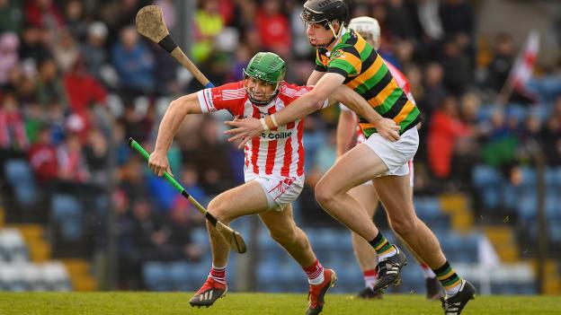 Seamus Harnedy, Imokilly, and Calvin Healy, Glen Rovers, during the Cork Senior Hurling Championship Final at Pairc Ui Rinn.