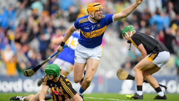 Seamus Callanan wheels away in celebration after scoring a goal for Tipperary against Kilkenny in the 2019 All-Ireland SHC Final. 