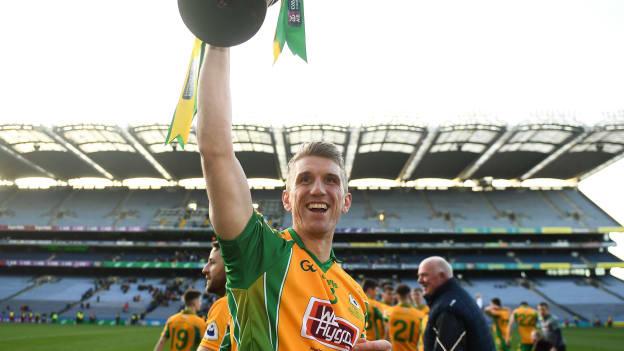 Kieran Fitzgerald of Corofin celebrates with The Andy Merrigan Cup following the 2019 AIB GAA Football All-Ireland Senior Club Championship Final match between Corofin and Dr Crokes at Croke Park in Dublin.