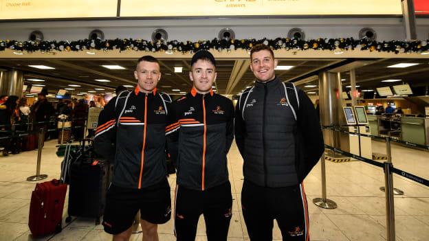 Tipperary hurlers Padraic Maher, Noel McGrath, and Seamus Callanan pictured at Dublin Airport on Wednesday morning.