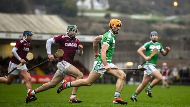 Colin Fennelly of Ballyhale Shamrocks in action against Seán Cassidy of Slaughtneil during the AIB GAA Hurling All-Ireland Senior Club Championship semi-final between Ballyhale Shamrocks and Slaughtnell at Pairc Esler in Newry, Co. Down. 