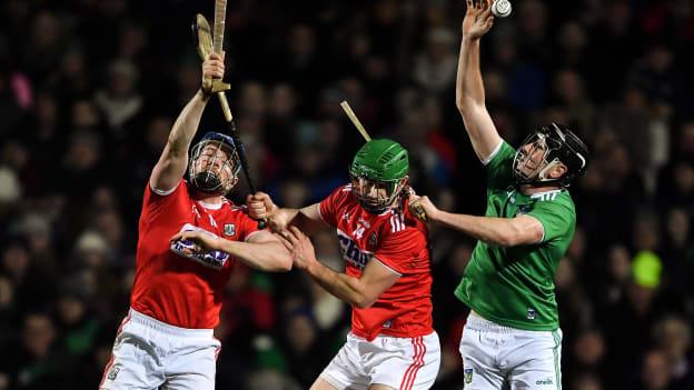 Diarmaid Byrnes of Limerick in action against Conor Lehane, left, and Séamus Harnedy of Cork during the Co-Op Superstores Munster Hurling League Final match between Limerick and Cork at LIT Gaelic Grounds in Limerick.