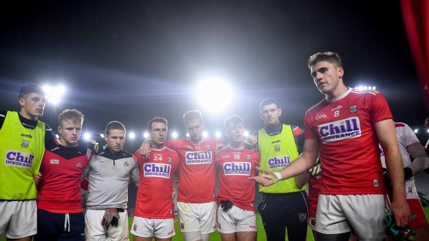 Ian Maguire addresses the Cork players following Saturday's Allianz Football League Division Three win over Offaly at Pairc Ui Chaoimh.