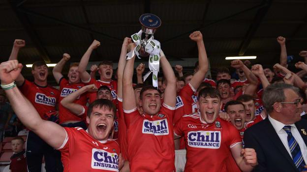 Cork captain Peter O'Driscoll lifts the cup alongside his team-mates following victory over Kerry in the 2019 EirGrid Munster U-20 Football Final. 