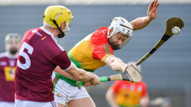 Jack Kavanagh of Carlow blocks Aaron Craig of Westmeath's attempted pass during the Allianz Hurling League Division 1 relegation play/off encounter.