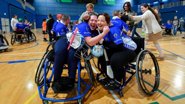 Ellie Sheehy, left, and Caroline O'Hanlon of Munster celebrate after defeating Leinster during the M.Donnelly GAA Wheelchair Hurling All-Ireland Finals at National Indoor Arena in Abbotstown, Dublin. 