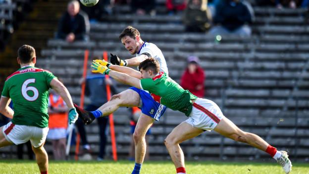Conor McManus of Monaghan in action against Oisin Mullin of Mayo during the Allianz Football League Division 1 Round 4 match between Monaghan and Mayo at St Tiernach's Park in Clones, Monaghan. 