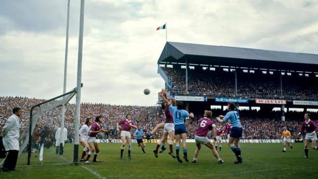 Brian Mullins contests the ball in the Galway goalmouth in the 1974 All-Ireland Final.