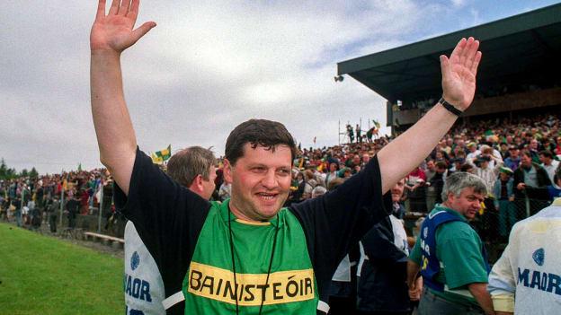 Leitrim manager, John O'Mahony, celebrates after victory over Mayo in the 1994 Connacht SFC Final. 