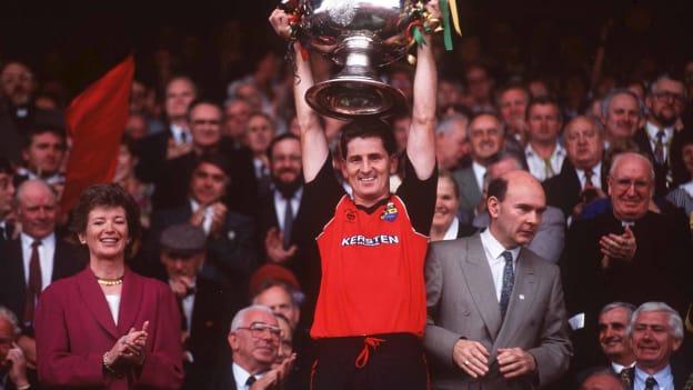 Down captain, Paddy O'Rourke, lifts the Sam Maguire Cup after defeating, Meath in the 1991 All-Ireland SFC Final. 