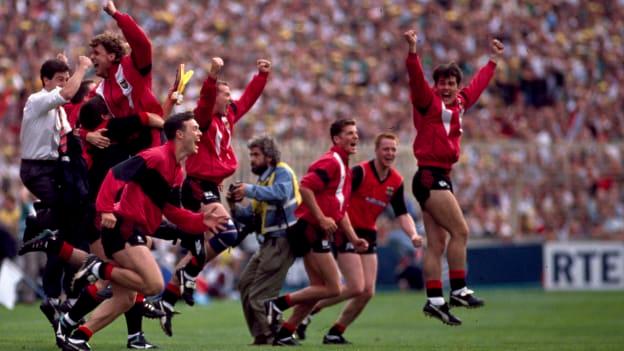 Down players celebrate after victory over Meath in the 1991 All-Ireland SFC Final. 