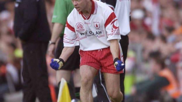 Tyrone's Peter Canavan urges on his team-mates shortly before being reintroduced as a second-half substitute in the 2003 All-Ireland SFC Final against Armagh. 