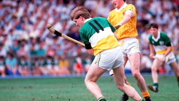 Daithi Regan of Offaly in action against Dominic McKinley of Antrim during the All-Ireland Senior Hurling Championship Semi-Final match between Antrim and Offaly in at Croke Park in Dublin.