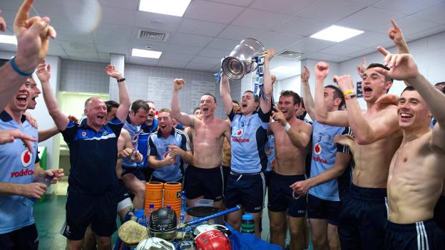 Dublin players celebrate in their dressing-room after victory over Galway in the 2013 Leinster SHC Final. 